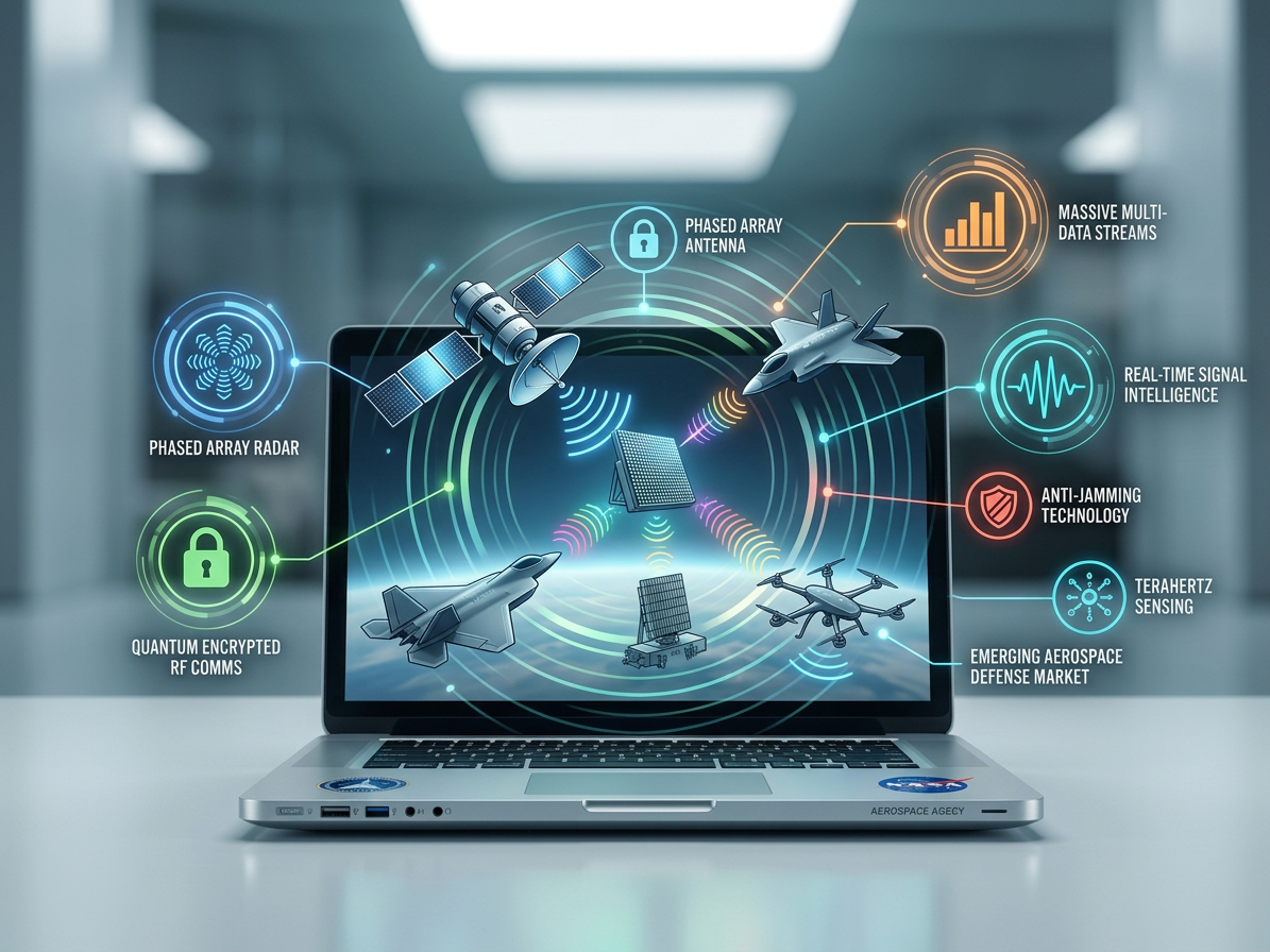 Laptop showing phased array radar, quantum encrypted RF comms, phased array antenna, multi-data streams, signal intelligence, anti-jamming, terahertz sensing, and aerospace defense market
